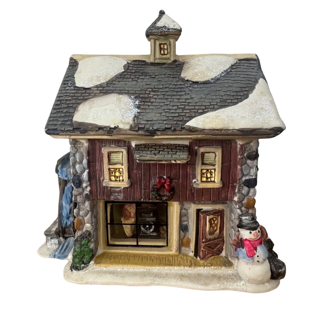 Vintage Christmas Village House Water Mill Snowman Holiday Decor No Light